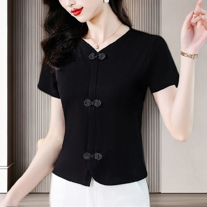 【雅岚女装】时尚洋气显瘦新中式复古盘扣短袖T恤夏季新款国风百搭