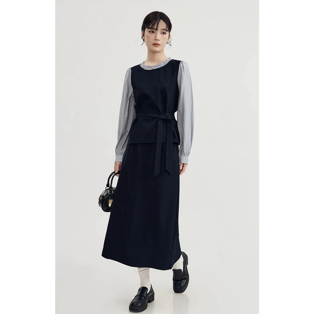 GUIER/桂儿深蓝色假两件衬衫女春西装a字半身裙套装两件套XH5401