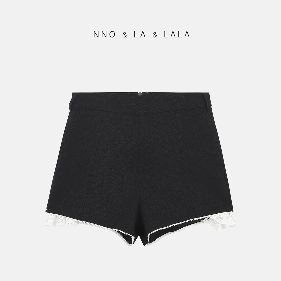 LA  黑色 拼接花边短裤 26446