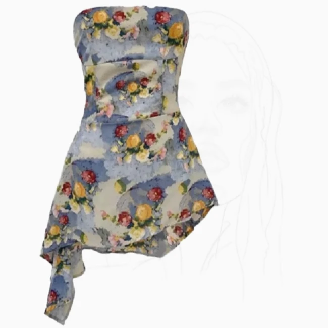 大码胖MM法式复古油画抹胸女夏季新款修身不规则设计感甜辣妹上衣