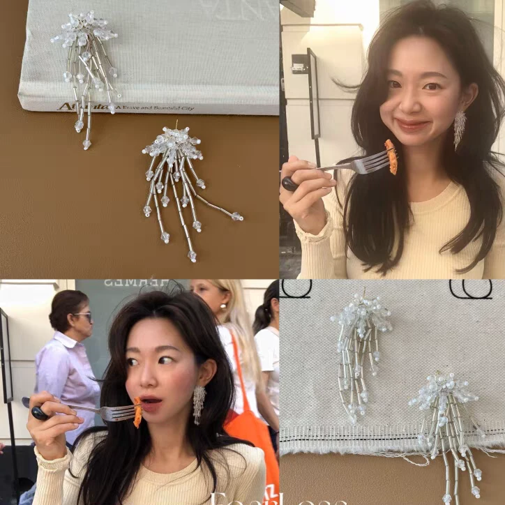 合金锆石耳饰 流苏串珠耳环韩国小众设计米珠流苏耳钉女耳饰
