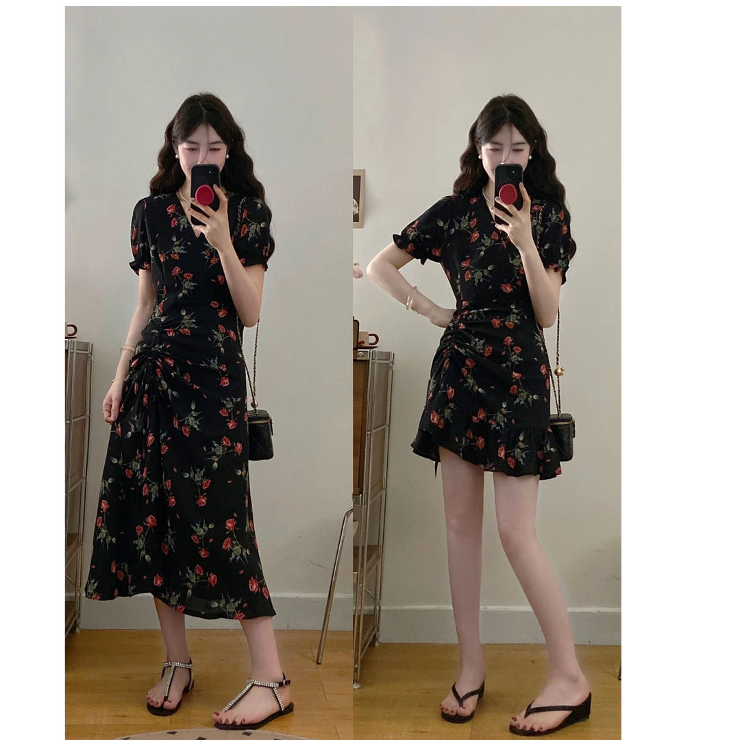 大码温柔茶歇式碎花显瘦连衣裙高级感收腰鱼开叉连衣裙12991