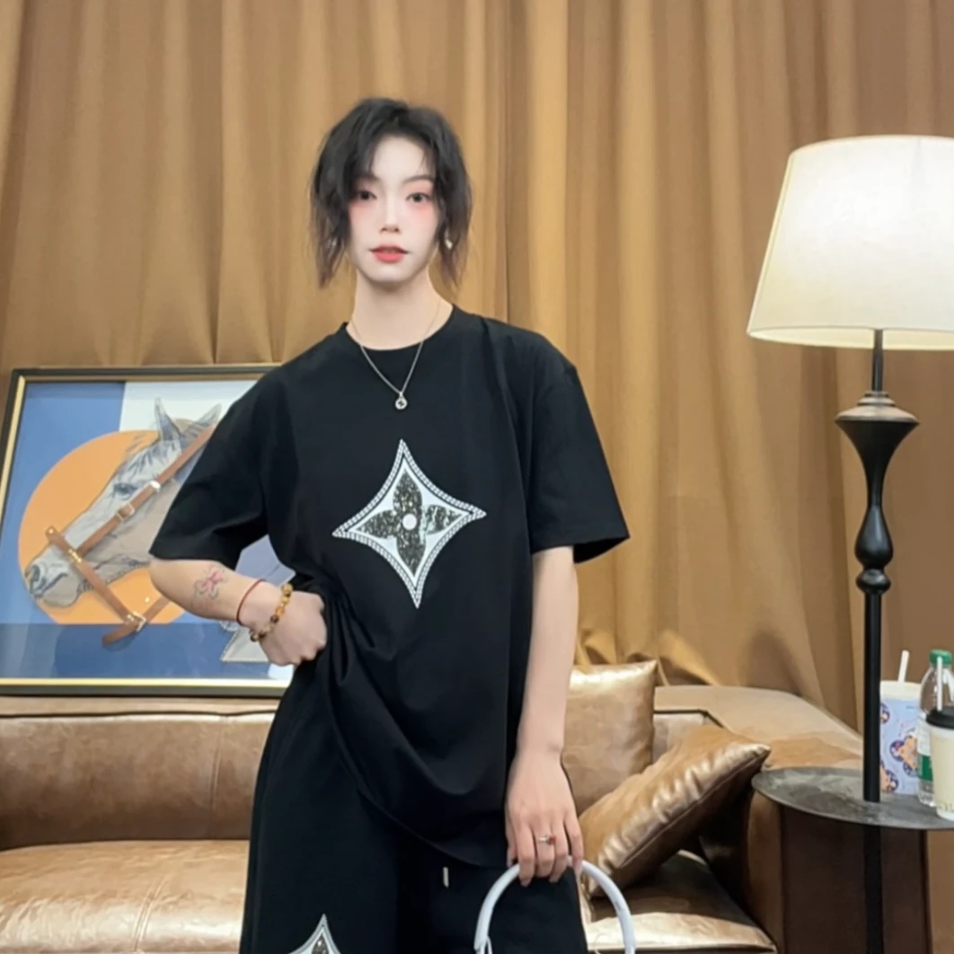 【周晚晚】2025夏季新款时尚轻奢百搭重工烫钻T恤男士圆领短袖