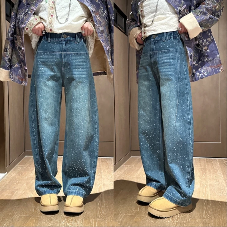 YDFSTUDIO小众【耀眼星钻】欧货高品烫钻设计百搭早春弯刀牛仔裤