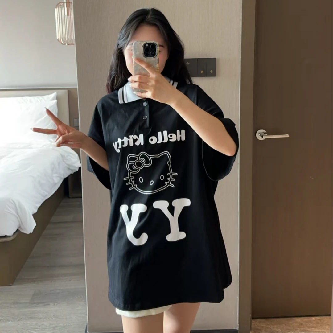 新款趣味凯蒂猫印花短袖女夏季宽松oversize休闲t恤上衣