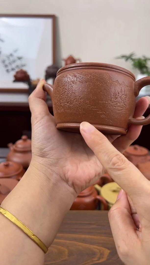 茶杯紫砂黄降坡刻绘汉瓦壶200CC