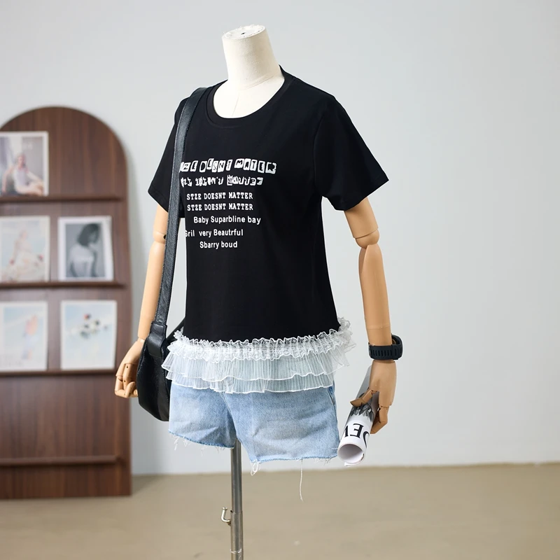 琴川谷夏季植绒字母洋气宽松休闲白色短袖T恤女百搭蕾丝拼接圆领