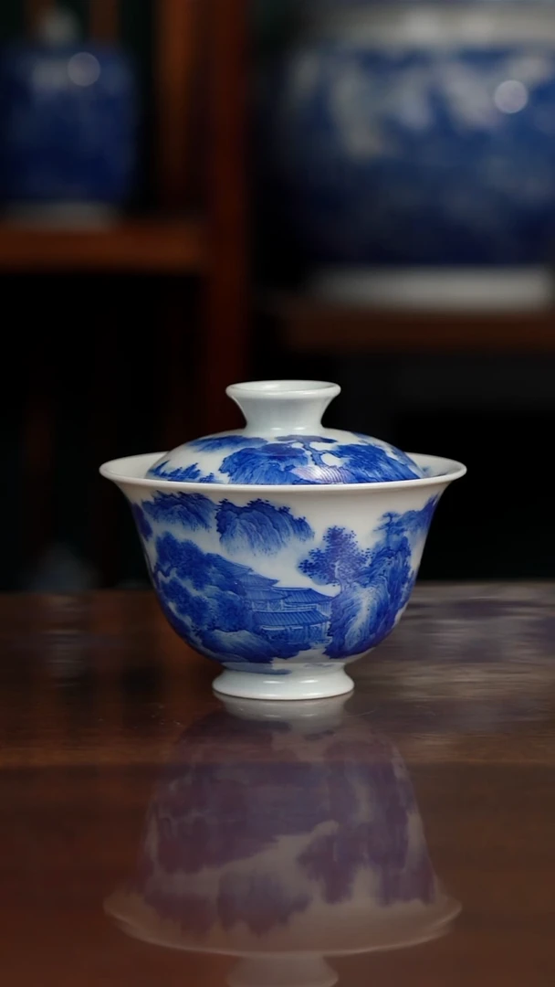 晓月窑青花山水盖碗