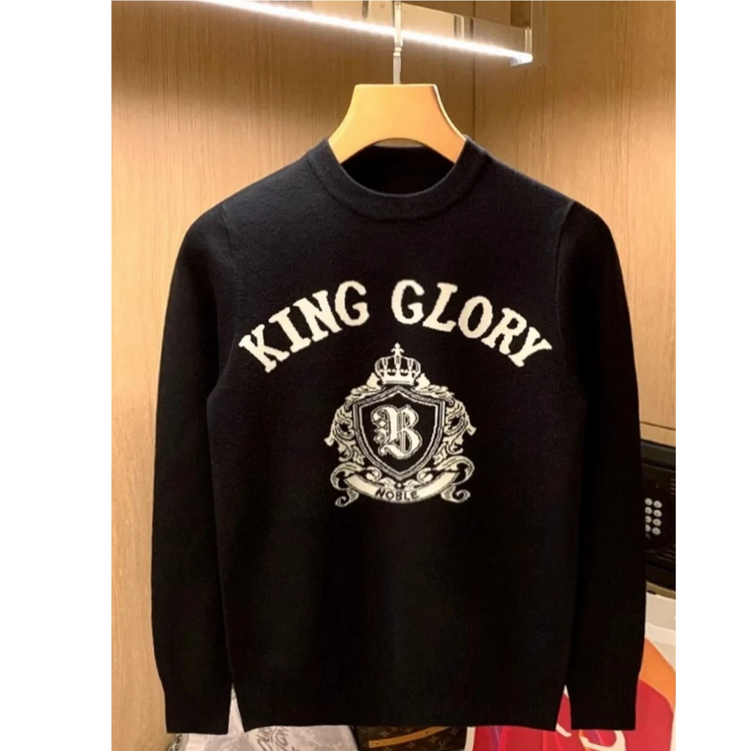 莫安摩萨利潮牌轻奢图案针织打底衫男港风复古黑色修身保暖毛衣男