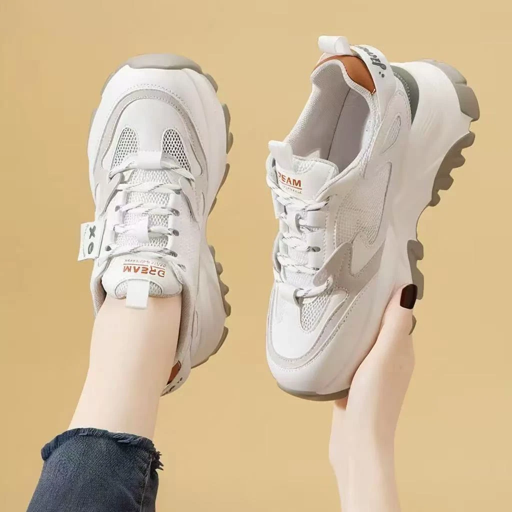 网面透气运动小白鞋女款2025夏春季薄款软底厚底休闲老爹鞋