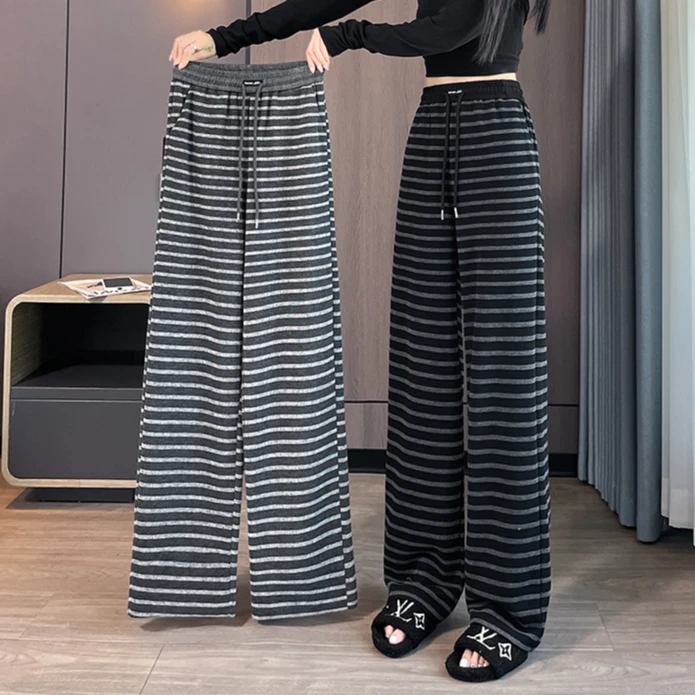 2025新款今年流行爆款条纹休闲裤女春秋小个子时尚百搭直筒阔腿裤