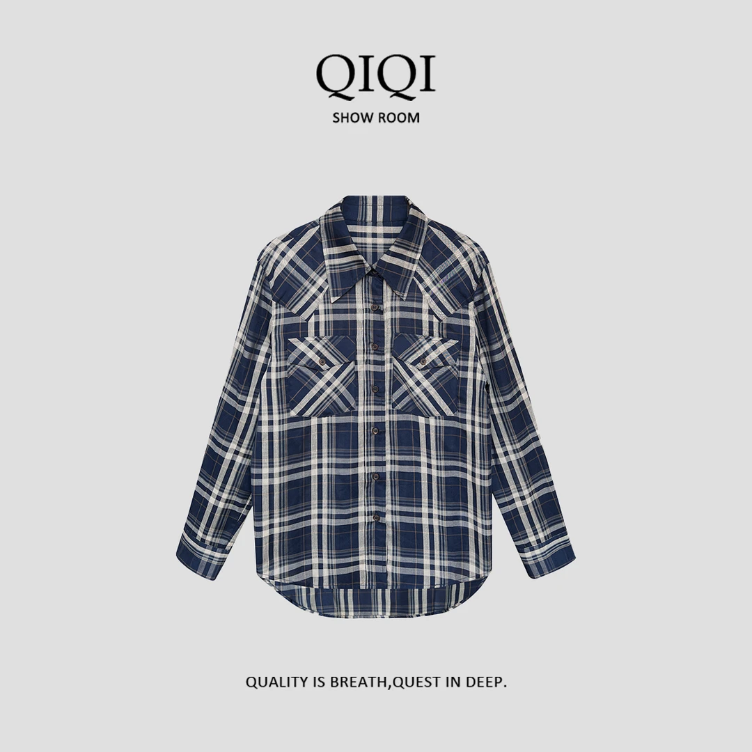 【QiQi】夏季新款透气蓝色格子衬衣衬衫女