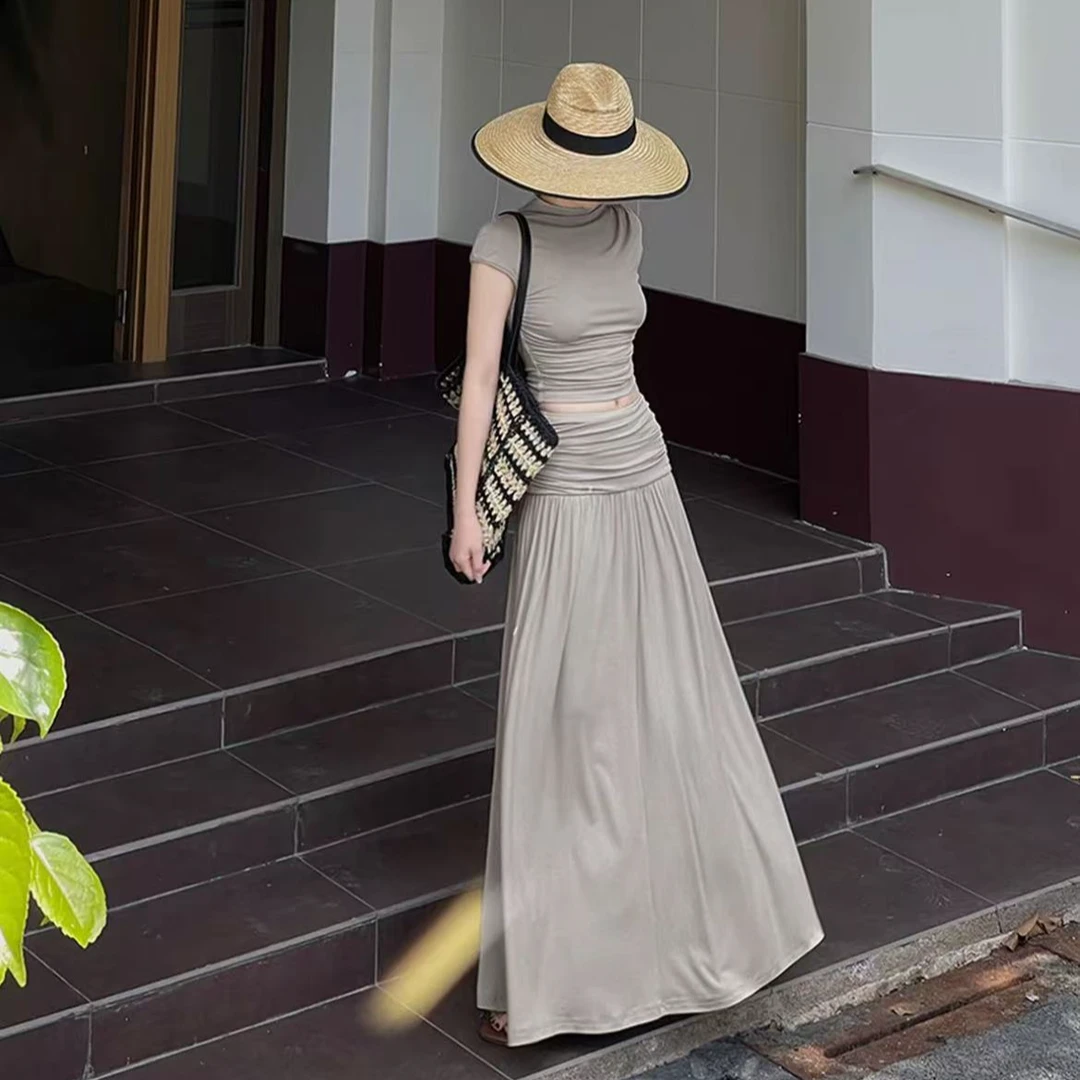 【现货】夏季2025女款时尚上衣+长款半身裙收腰显瘦气质套ins高级感