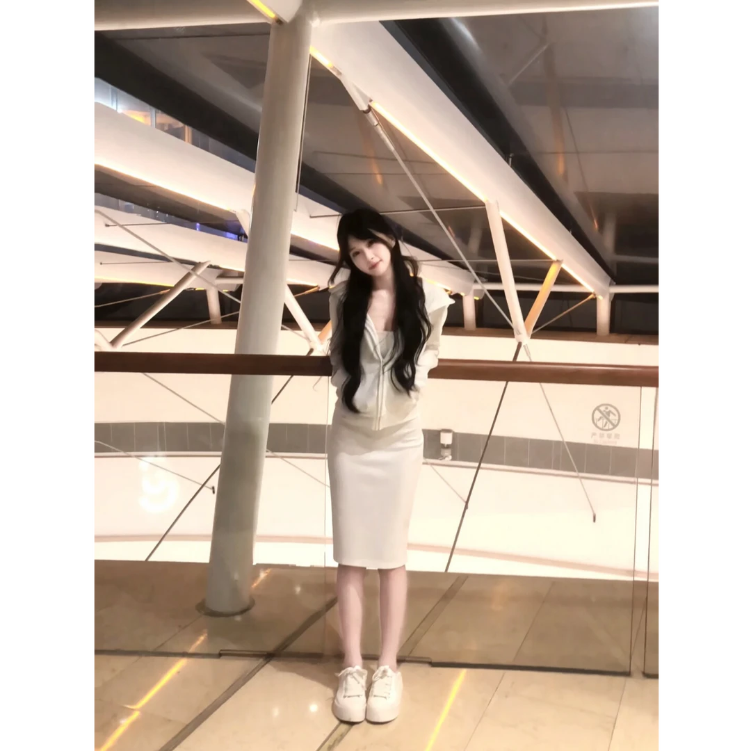 女大小白花！气质纯白连帽拉链长袖卫衣女秋季新款修身显瘦短外套