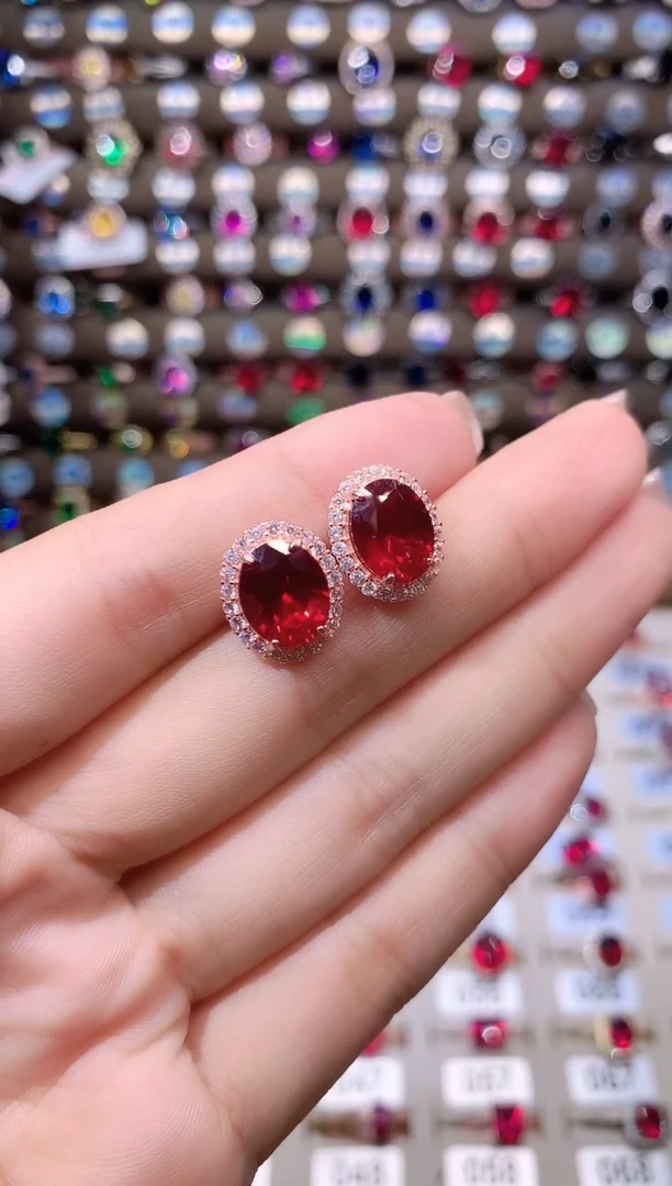 耳饰银S925镶嵌红宝石酒红玫瑰金810