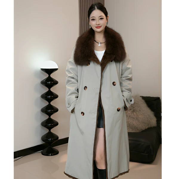 2025进口芬兰狐狸毛领獭兔内胆双面穿皮草长款派克服时尚新品