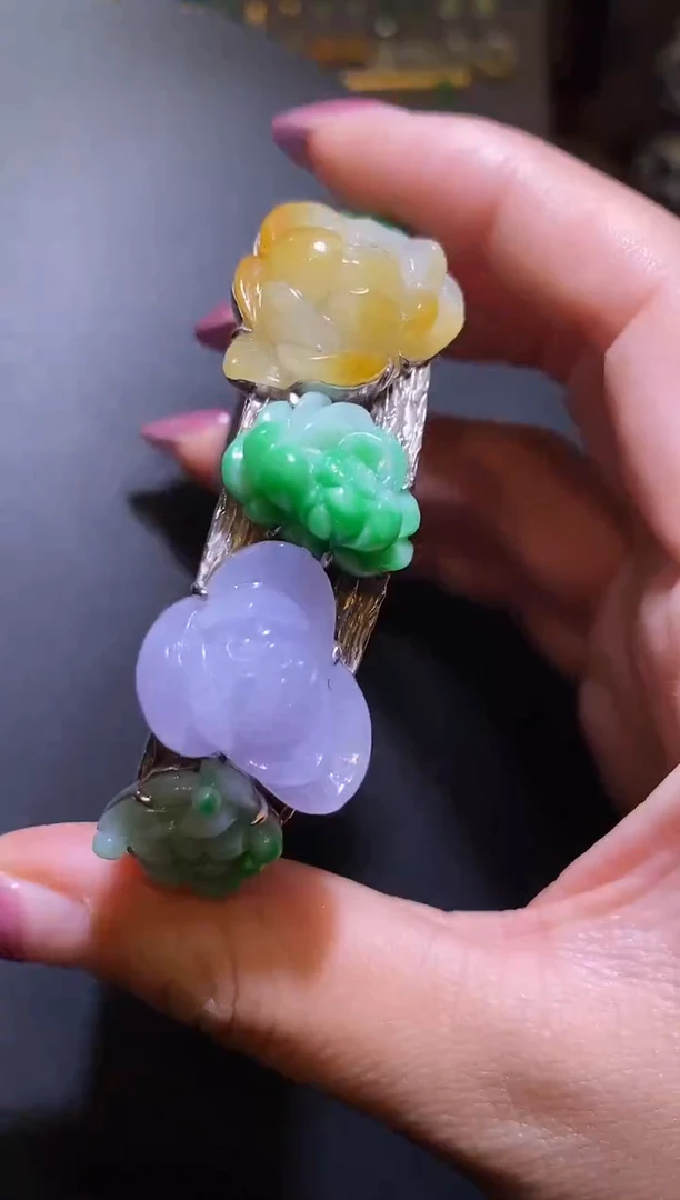 银S925镶嵌手镯翡翠翡翠荷花手镯（57 58 59）