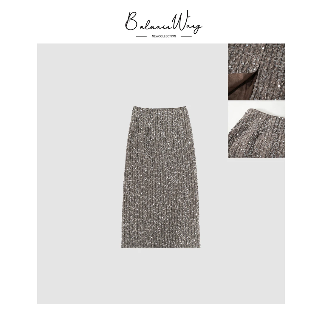 Betty Bairn【漫步星河】重工亮片高腰直筒开叉半身裙 23FBW009