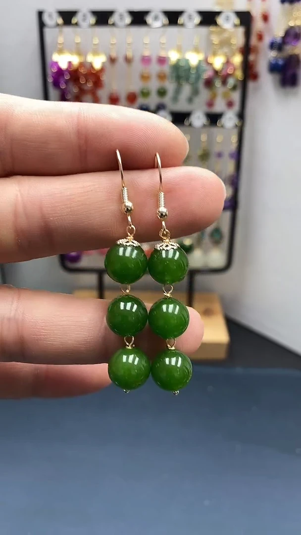 【闪购商品】和田玉耳饰银S925镀金镶嵌尺寸10mm连珠01