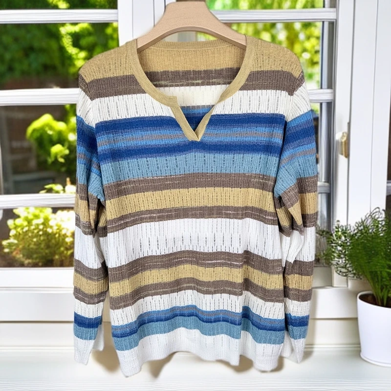 00001大码女装彩色条纹针织衫长袖时尚休闲百搭圆领套头撞色拼色
