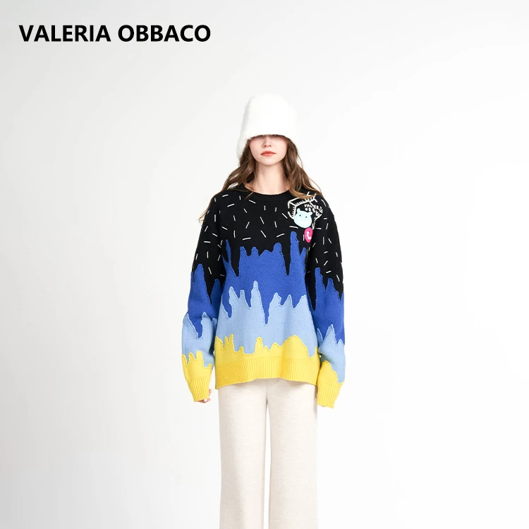 VALERIAOBBACO/瓦莱丽娅 奥贝科黑色星空钩针炫彩小怪兽针织毛衣