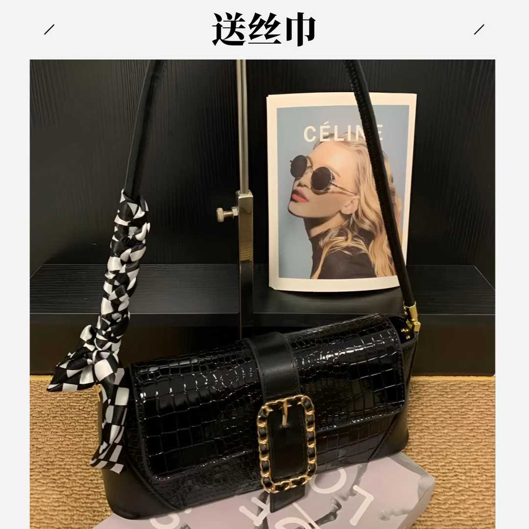 女包鳄鱼纹法棍包单肩女包复古单肩法式腋下气质百搭小众秋冬包包