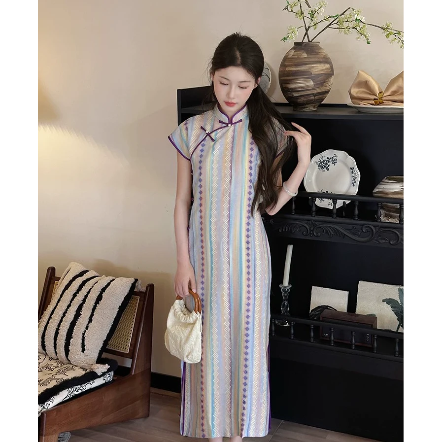 【余韵】古法旗袍全开襟竖条纹绝美新中式新款文艺复古少女年轻款