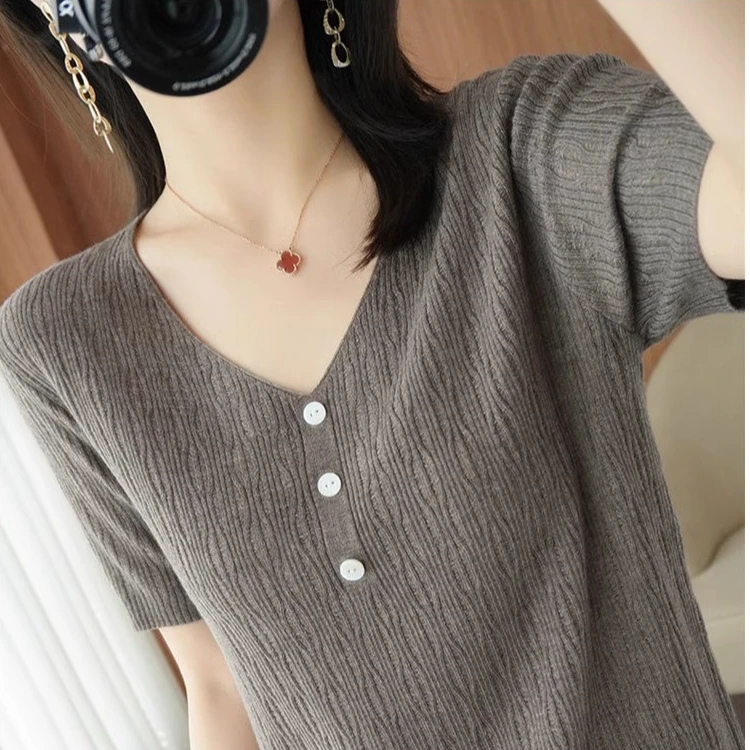 专柜品质冰丝镂空大码宽松新款夏季短袖V领外穿简约打底针织衫T恤