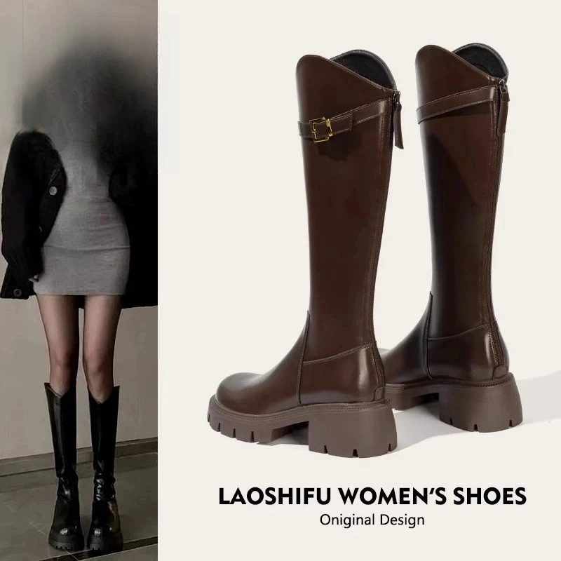 SHOEBOX鞋柜厚底骑士女2025新款秋冬显瘦粗腿明星同款鞋女款