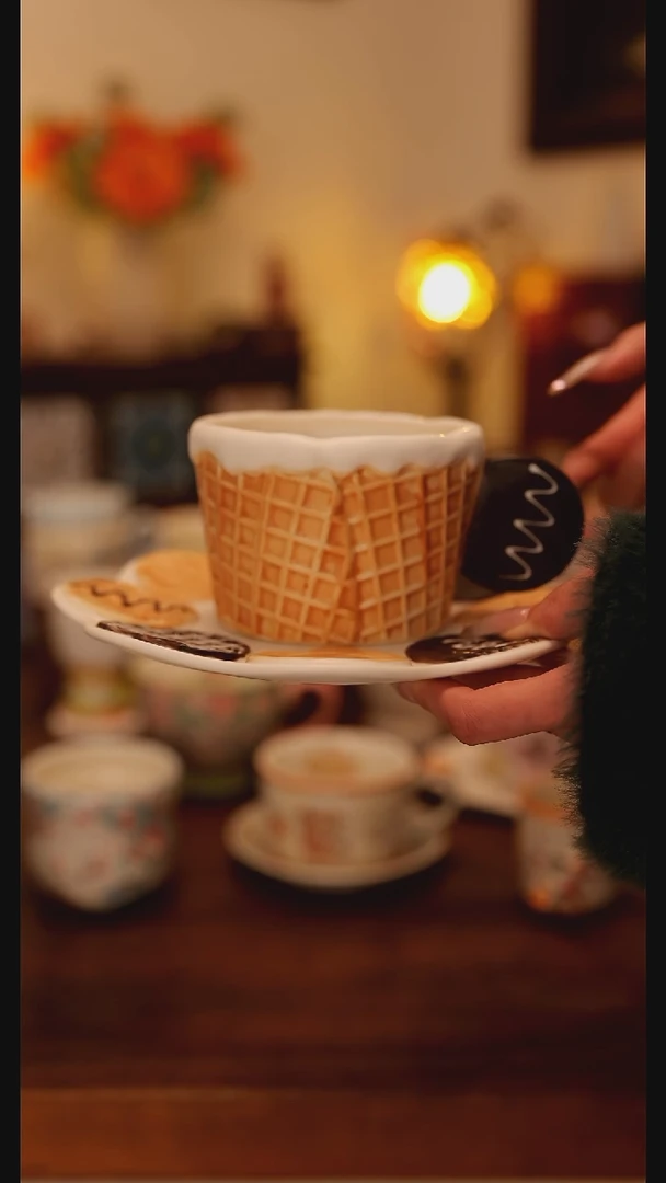 陶瓷手柄款华夫饼杯碟手作 手绘釉下彩