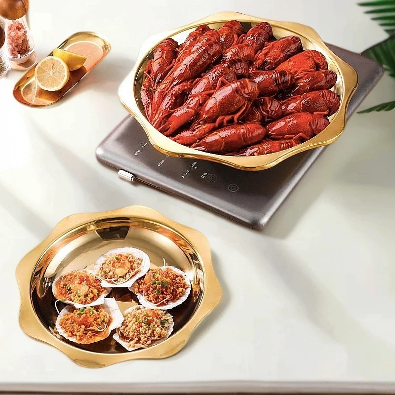 加厚不锈钢干锅锅金色菜盘麻辣小龙虾平底浅锅海鲜锅酸菜鱼盆商用