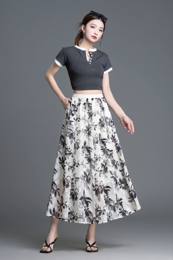 春夏新款复古花色半身裙时尚垂感印花A字高腰大摆裙显瘦中长裙女
