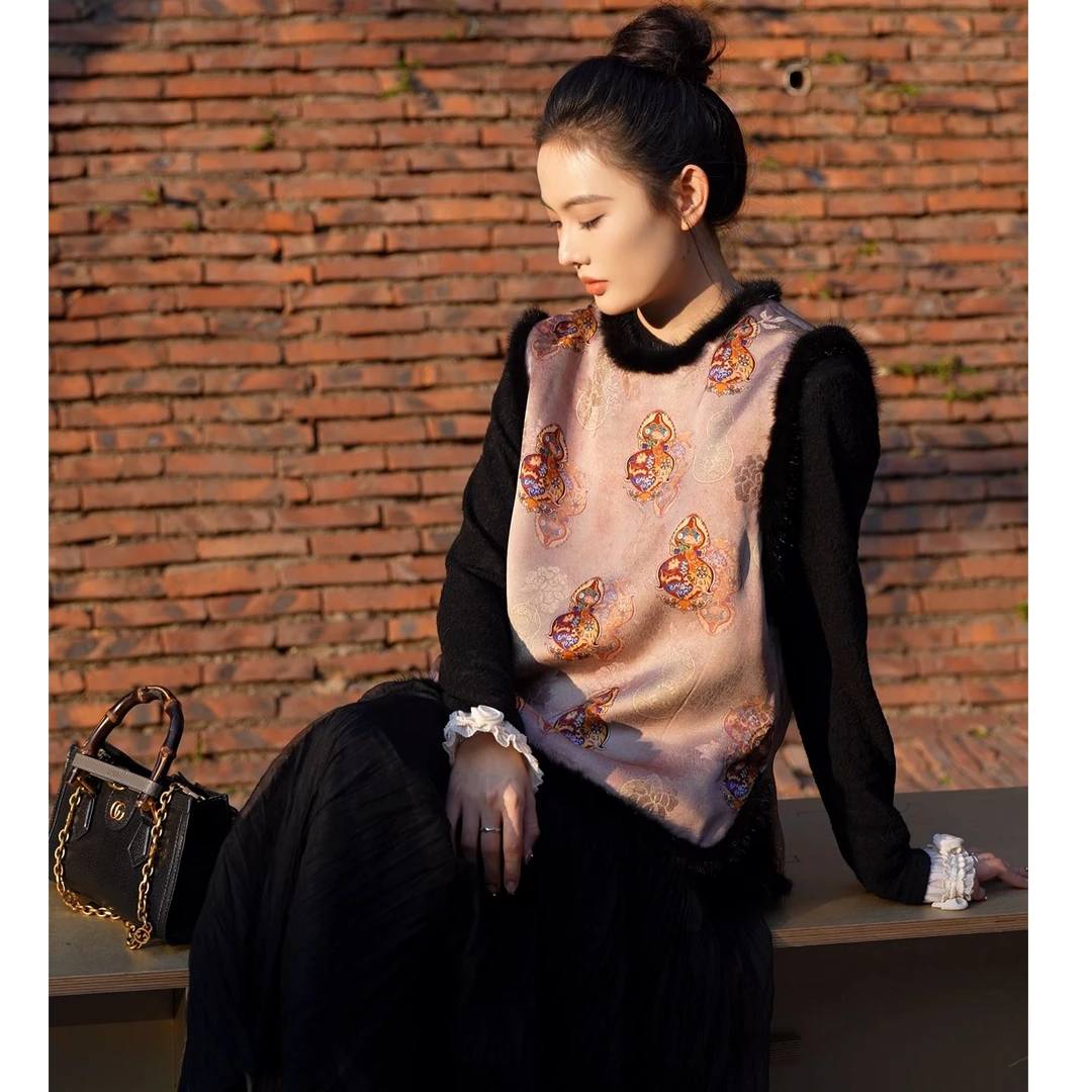 莲鲤&八宝葫芦水貂毛织金新中式套头国风夹棉马甲