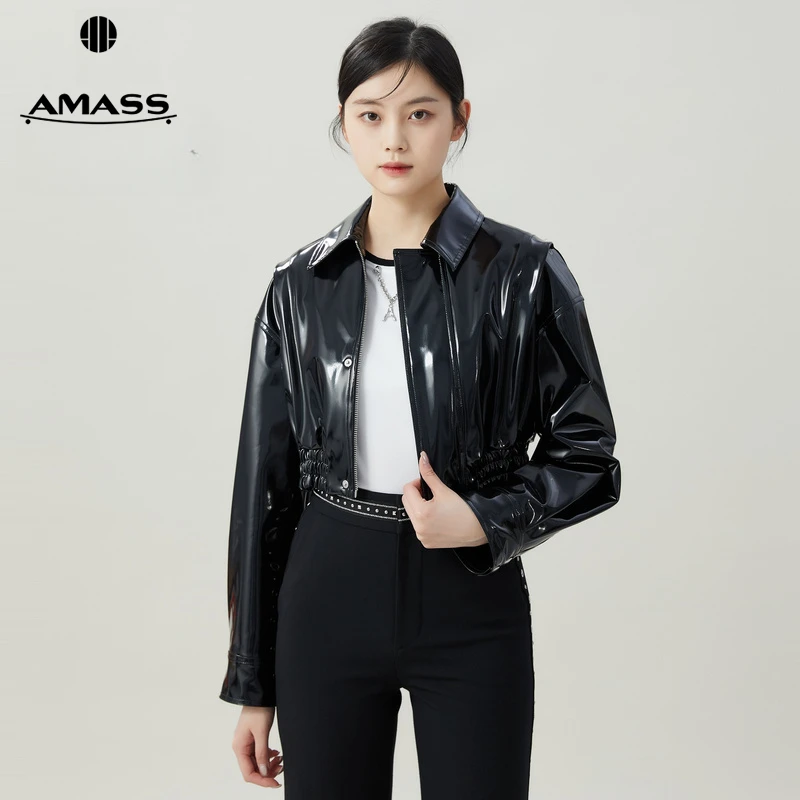阿玛施AMASS潮酷飞行员长袖休闲百搭PU皮夹克短款外套女5400625-3