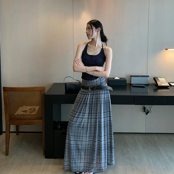 法式复古网纱格纹休闲长裙女夏季薄款高腰显瘦褶皱百搭半身裙