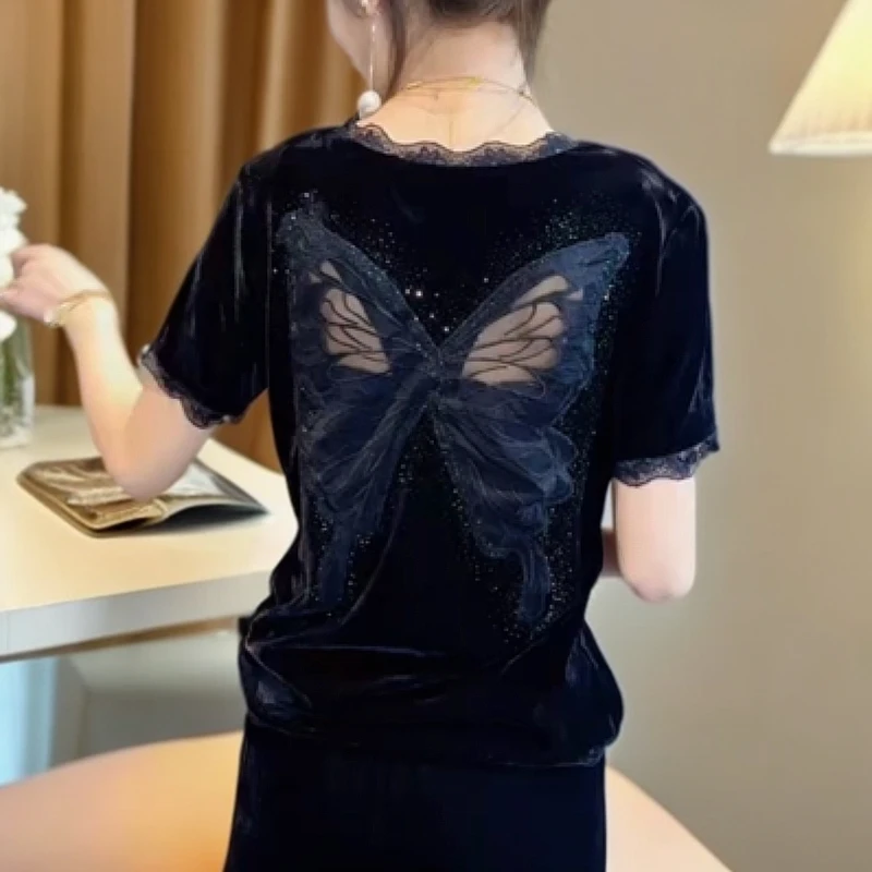 力短袖可爱风镂空蕾丝常规款V领T恤时尚修身气质黑色套装拼接