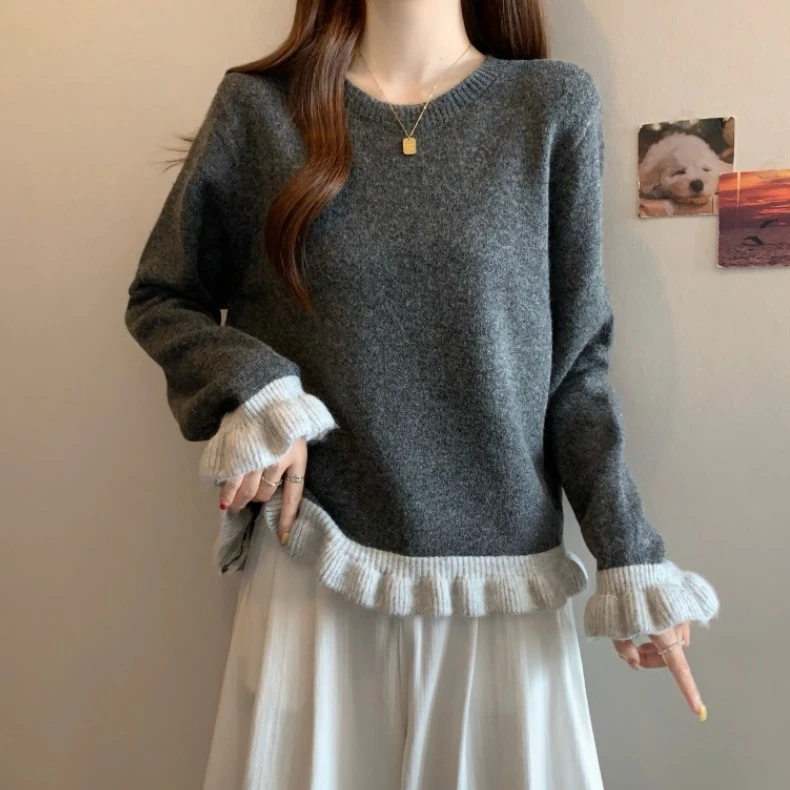 大码遮肚子木耳边撞色毛衣女秋季胖MM宽松显瘦百搭洋气针织打底衫