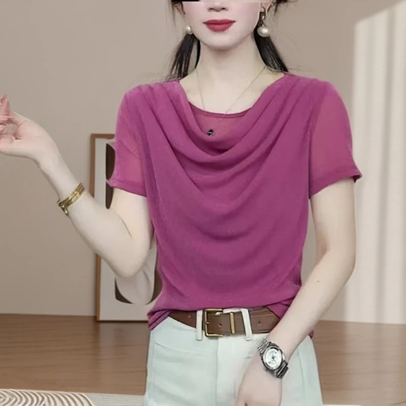 时尚网纱堆堆领短袖上衣女春季新款H女装妈妈装洋气纯色小衫