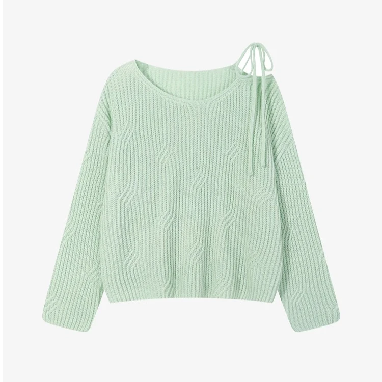 羊城故事-韩系绿色蝴蝶结绑带宽松毛衣肌理感毛针织衫Y50147827