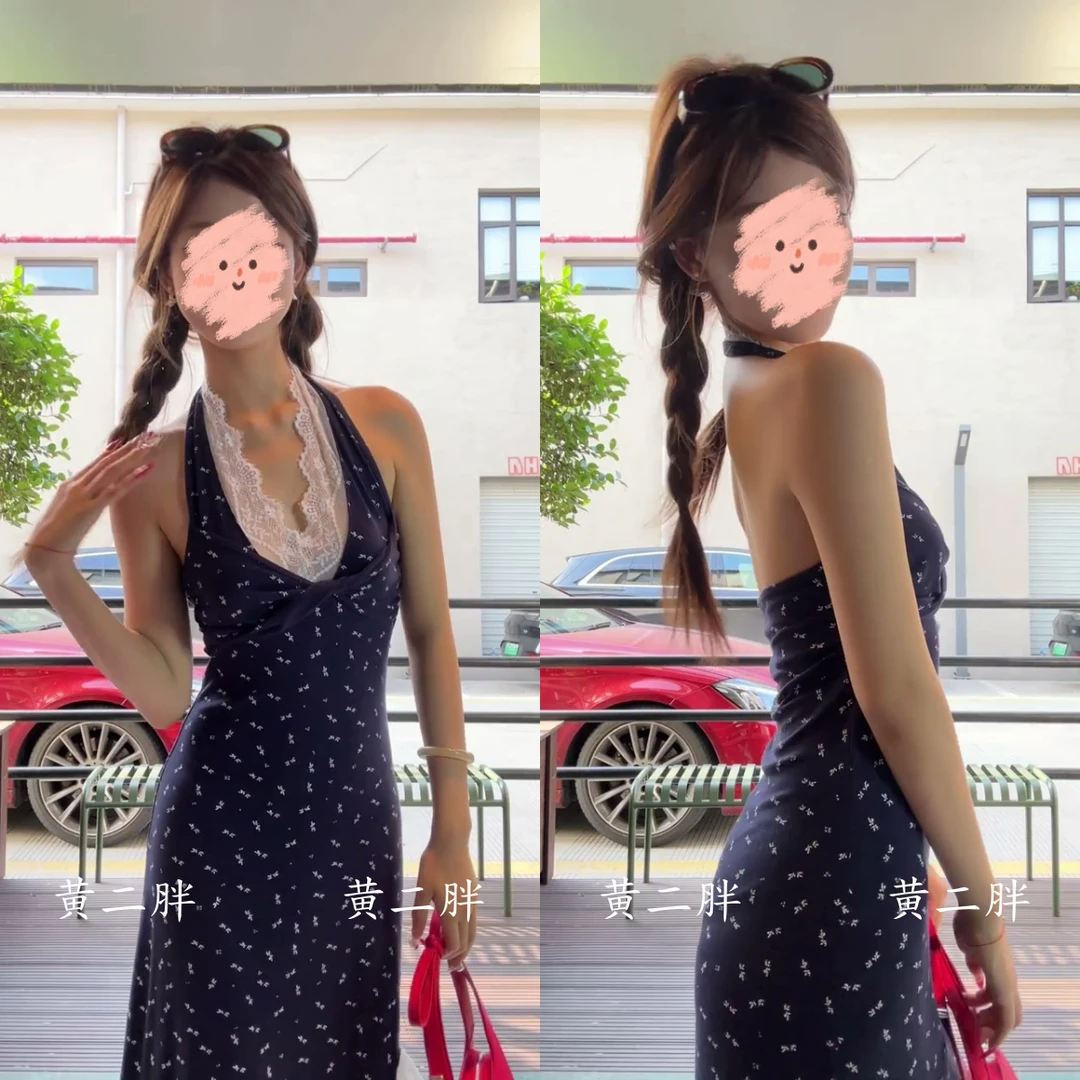 今年流行的蕾丝开叉碎花连衣裙夏季度假风收腰A字小个子长裙女