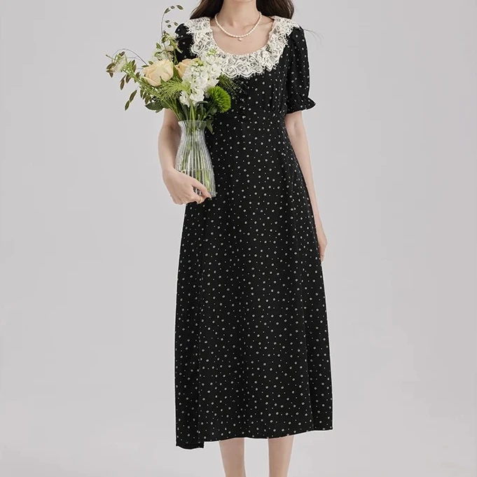 夏日法式复古黑色碎花连衣裙女夏季高级感收腰显瘦长裙