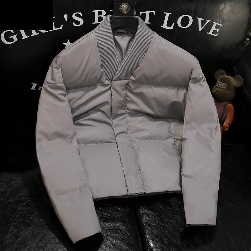 欧货冬季新款高级感小众V字领棉衣男纯色面包服痞帅保暖棉服外套