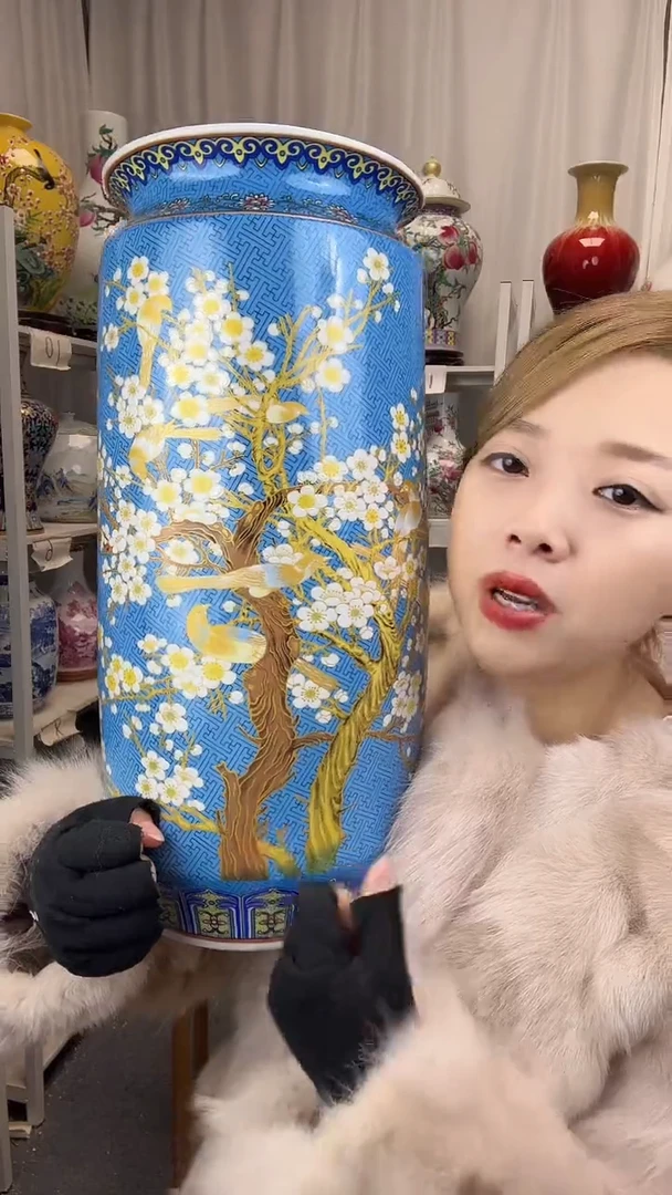 摆件陶景德镇珐琅彩画卷筒高45