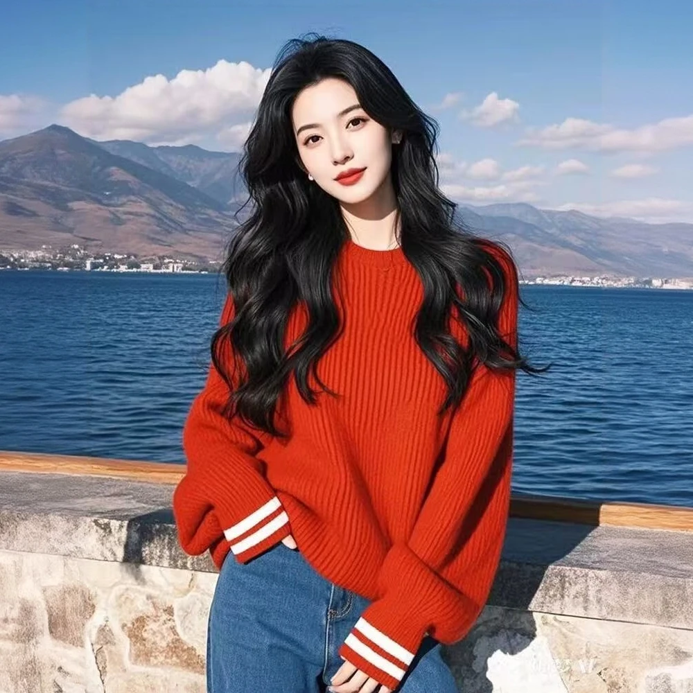 慵懒风红色毛衣女2025秋冬新款韩系高级感宽松洋气针织衫女上衣
