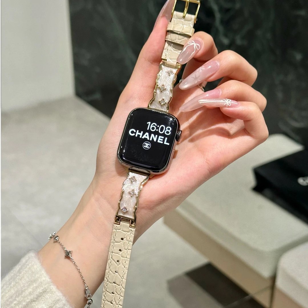 适用苹果手表applewatchS10表带9镶钻手镯鳄鱼纹真皮SE新款S8高级