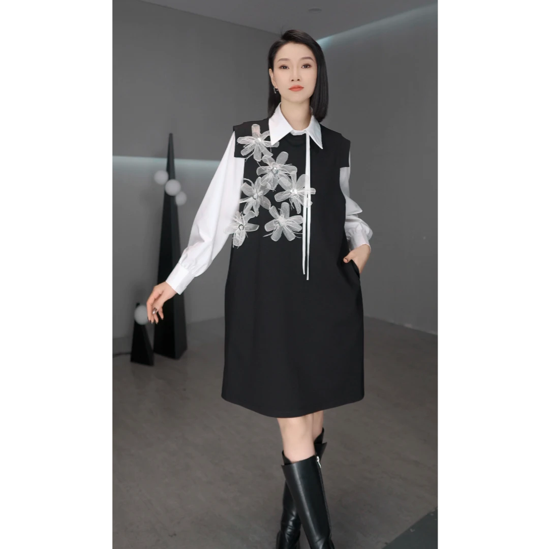 鑫鑫原创2025欧版立体花朵裙子长款小飞袖T裙大牌范背心裙1955