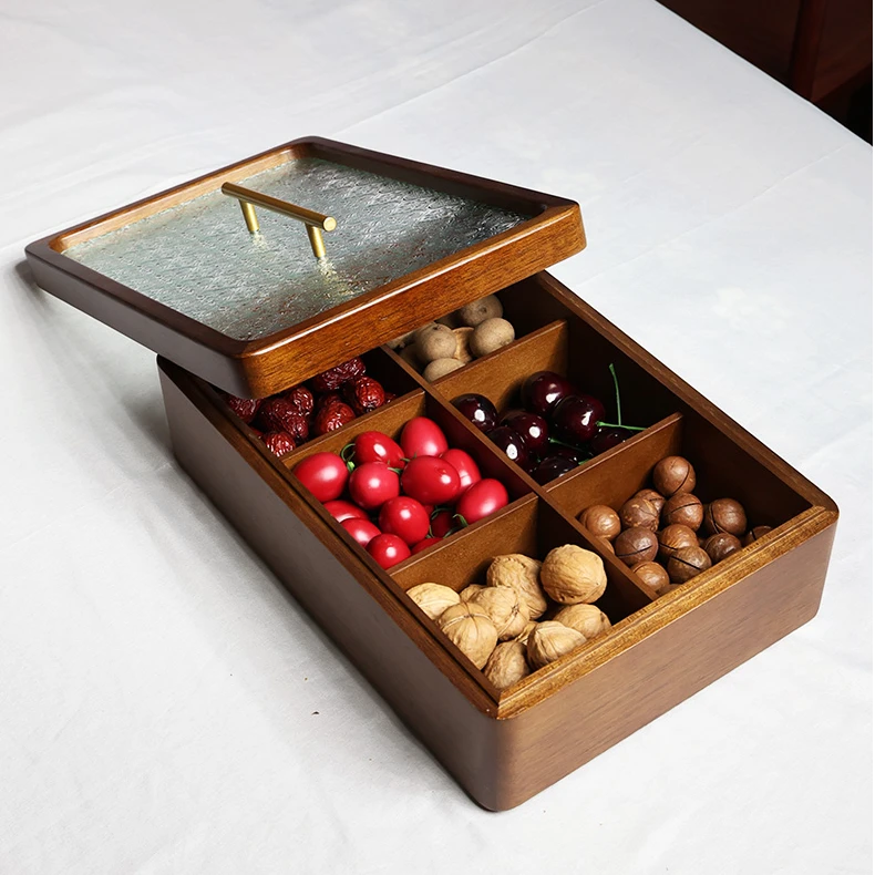 胡桃木海棠花轻奢六宫格干果盒家用大容量中式抽屉式收纳盒