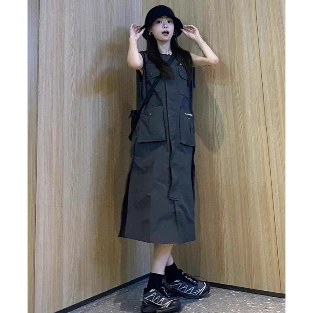 CaKm爆款黑色背心连衣裙女夏季新款高级小众显瘦工装裙子外套女