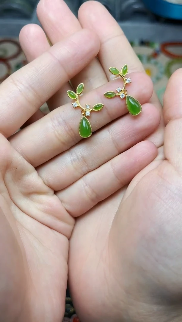 和田玉银S925镶嵌耳饰繁花耳坠06