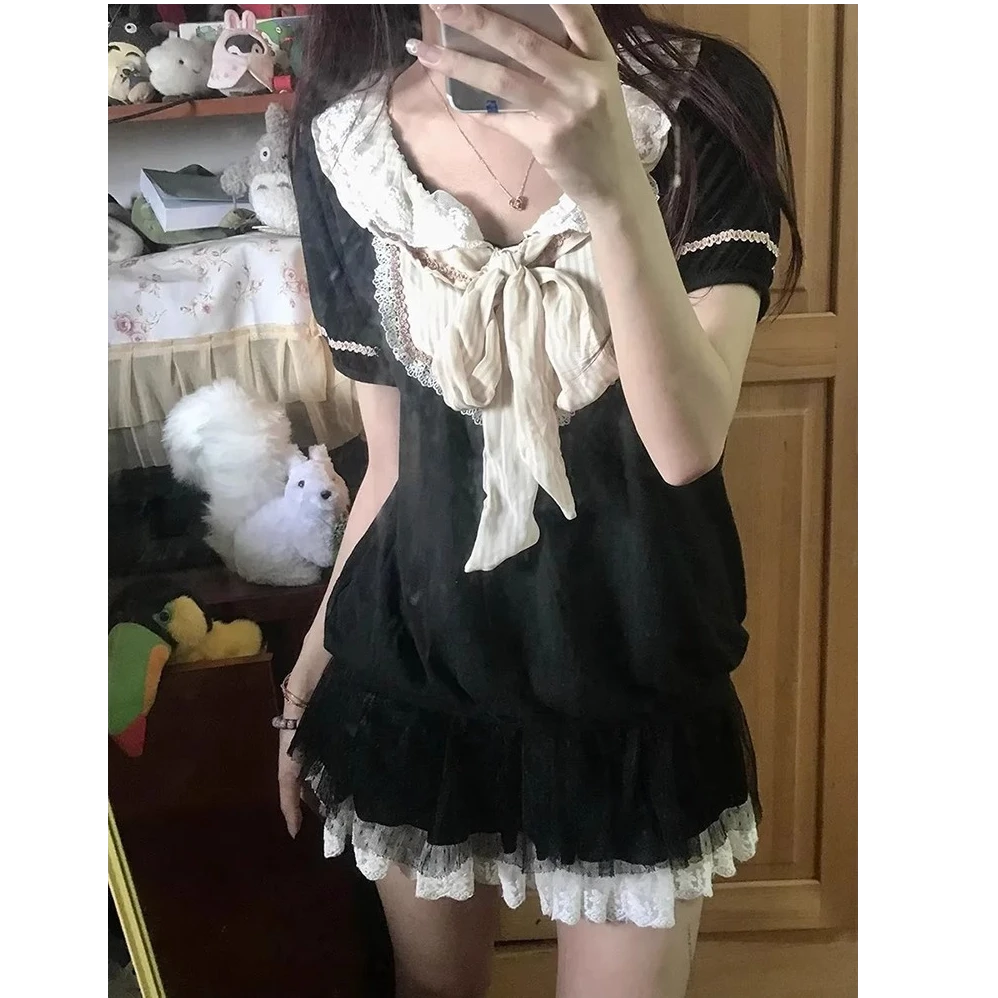 学院风vintage甜美波点蕾丝拼接蝴蝶结修身夏季2025新款连衣裙女